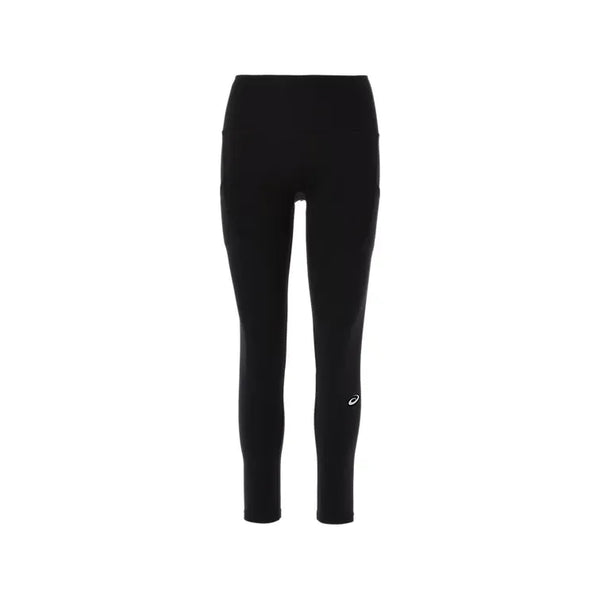 Et par Asics Road Seamless Tight, Dame, Performance Black løbetights med høj talje og et lille hvidt Asics-logo nederst på venstre ben, vist på en hvid baggrund.