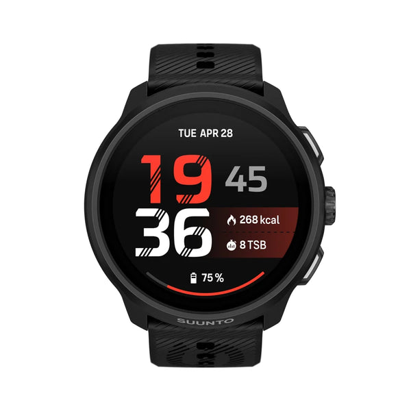 Et sort Suunto Run 2-sportsur med et digitalt display, der viser kl. 19:45, datoen, kalorieforbruget og batteriniveauet.