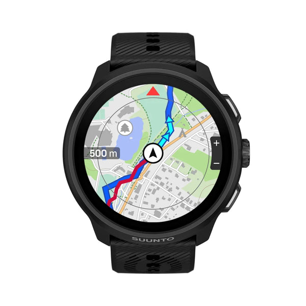 Sort Suunto Run 2, 4 GB, helt sort sportsur med en rund skærm, der viser et navigationskort med ruteforløb og positionsmarkør.