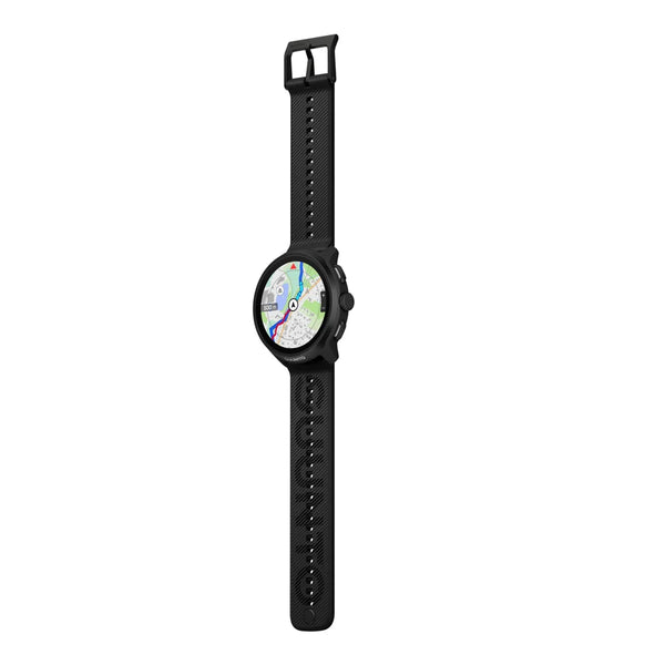 Suunto Run 2 i helt sort, 4 GB, helt sort sportsur med et cirkulært digitalt display, der viser et kort.