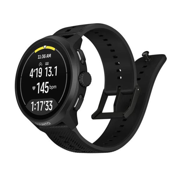 Suunto Run 2 i sort, 4 GB, helt sort GPS-løbeur med en rund skærm, der viser tid, tempo, puls og varighed.