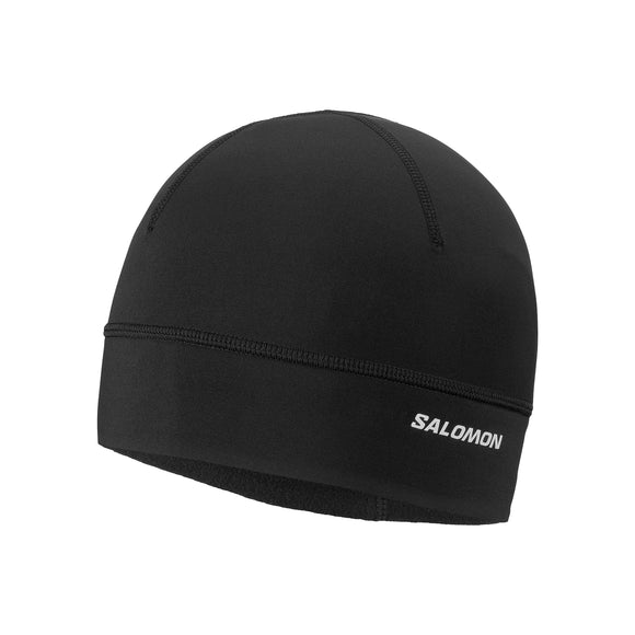 Dyb sort Salomon Run Tech-hue til vinterløb med et logo i nederste kant.