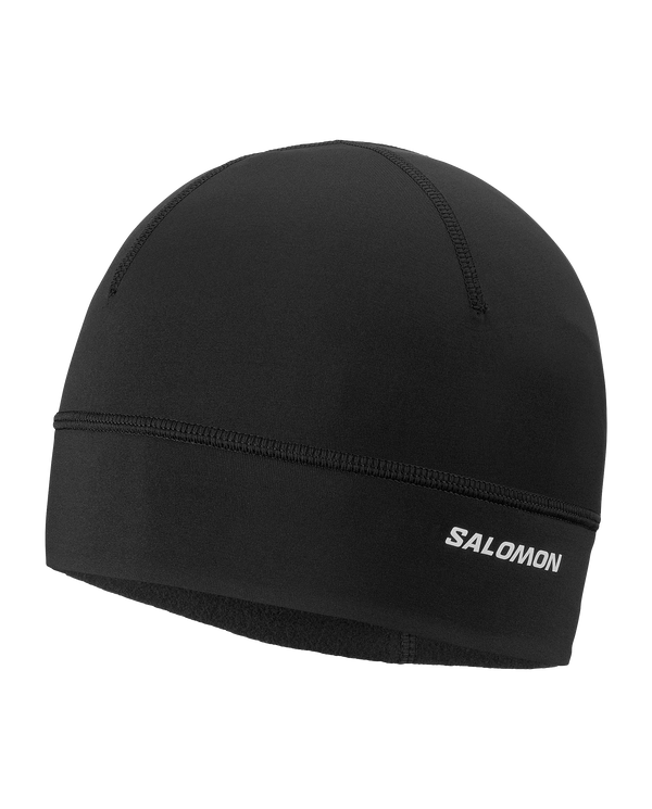 Dyb sort Salomon Run Tech-hue til vinterløb med et logo i nederste kant.