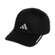 Adidas Running Mesh 4 Panel Cap, unisex i sort/Refsil, er en sort løbekasket med to hvide diagonale striber på skyggen og et hvidt logo med tre striber foran. Kasketten er udstyret med Climacool-teknologi og er fotograferet på en ensfarvet hvid baggrund.