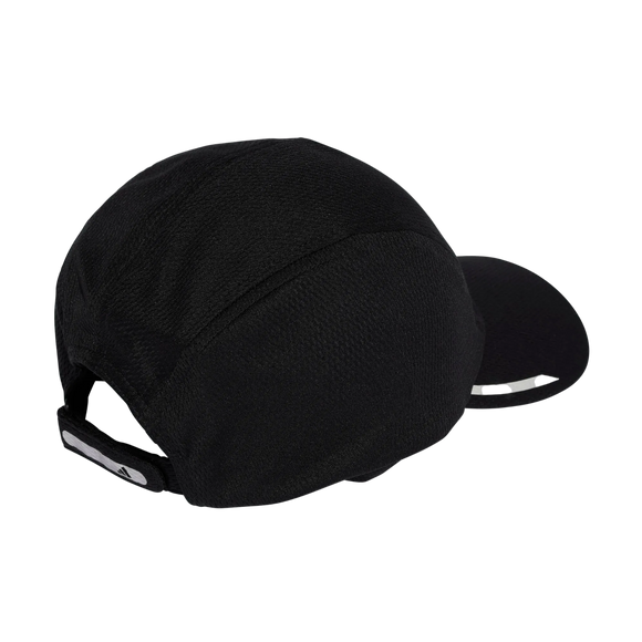 En Adidas Running Mesh 4 Panel-kasket i sort og refsil, unisex, vist set bagfra med en buet skygge og en justerbar rem med en reflekterende stribe. Kasketten er fremstillet af det åndbare Climacool-mesh-materiale.