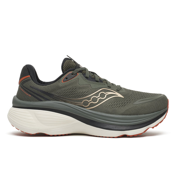 Saucony Hurricane 26, Herre i farven Fatigue/Black, tilbyder førsteklasses støtte og stabilitet til mænd, her set fra siden.