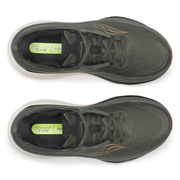 Oversigtsbillede af Saucony Hurricane 26 herreløbesko i farven Fatigue/Black med sorte snørebånd, sorte logodetaljer og synlige gule indlægssåler mærket »Max Cushion«, placeret side om side på en hvid baggrund.
