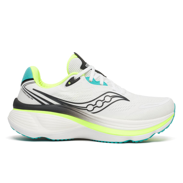 Saucony Hurricane 26, Herre, Hvid/Citron har sorte og neongule detaljer samt turkise detaljer på hælen og sålen, en struktureret sål med godt greb, et synligt logo og giver stabilitet som træningssko til dine løbeture.