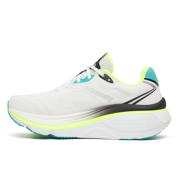 Saucony Hurricane 26 til mænd i farvekombinationen hvid/citron har detaljer i blågrøn, sort og neongul samt en tyk, polstret sål. Denne herreløbesko er afbilledet set fra siden på en hvid baggrund.