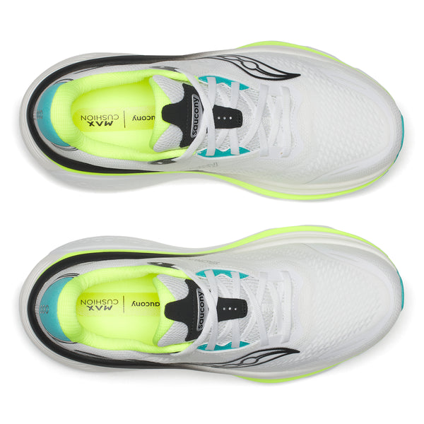Et par Saucony Hurricane 26 herresko i farvekombinationen hvid/citron med detaljer i sort, neongul og blågrøn, set ovenfra på hvid baggrund; indlægssålerne er mærket med »MAX CUSHION« og »PWRRUN+«. Perfekte som stabile trænings- og løbesko til mænd.