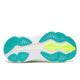 Billedet viser sålen på Saucony Hurricane 26, Herre, White/Citron, en stabilitetsløbesko til mænd med hvid grundfarve, blågrønne detaljer på hæl og tå samt gule detaljer på midtfoden. Riller og strukturerede mønstre sikrer godt greb.