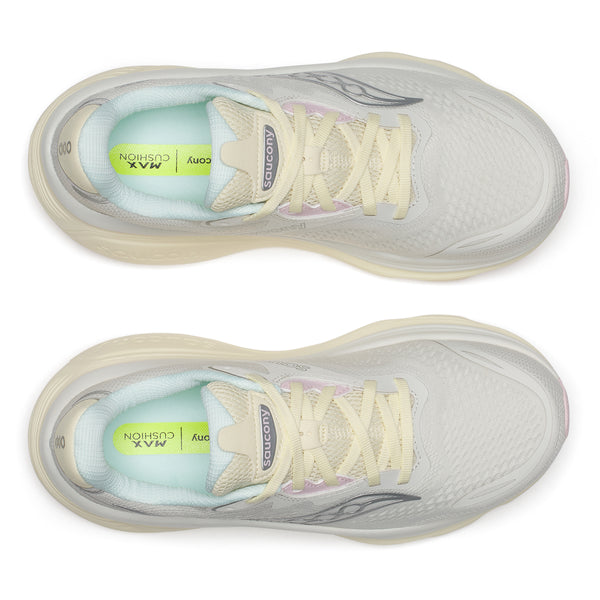 Oversigtsbillede af et par Saucony Hurricane 26 dame-løbesko i farvekombinationen Quartz/Swede, med cremefarvede snørebånd, overdel i mesh og mintgrønne MAX CUSHION-indlægssåler. Disse stabiliserende løbesko er placeret side om side på en hvid baggrund.