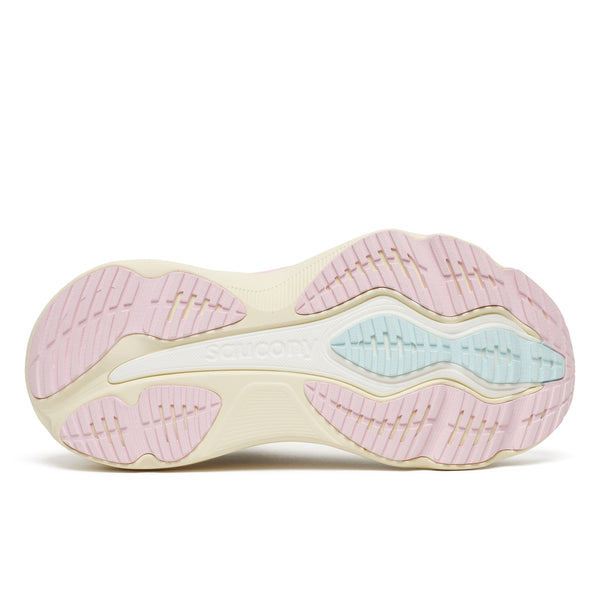 Saucony Hurricane 26, Dame, Quartz/Swede har en ydersål med et bølget mønster i pastellrosa, creme og lyseblåt på hvid baggrund – perfekt til dem, der ønsker en stilfuld og stabil løbesko.