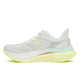 Saucony Endorphin Speed 5, White/Tender, Dame er en hvid atletisk løbesko med overdel i mesh, diskret branding, små gule detaljer, Speedroll-teknologi og en tyk lysegul/hvid sål med struktureret ydersål, der giver et godt greb.