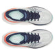 Oversigtsbillede af et par Saucony Endorphin Speed 5 Dame-løbesko i farvekombinationen hvid/marineblå, med marineblå snørebånd, lyseblå såler og koralrøde detaljer på hælen samt den innovative Speedroll-teknologi, placeret side om side på en hvid baggrund.