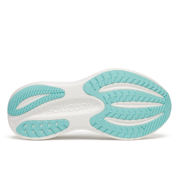 Billedet viser sålen på en Saucony Triumph 23, Dame, White/Navy med hvid bund og lyseblåt gummigreb. "Saucony" er præget i midten af sålen.