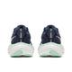 Et par Saucony Ride 19 Dame neutral løbesko i Navy/Aqua, set bagfra med lyseblå såler, mesh-overdel og reflekterende detaljer med tre cirkler på hver hæl mod en hvid baggrund. Perfekt til daglig træning.