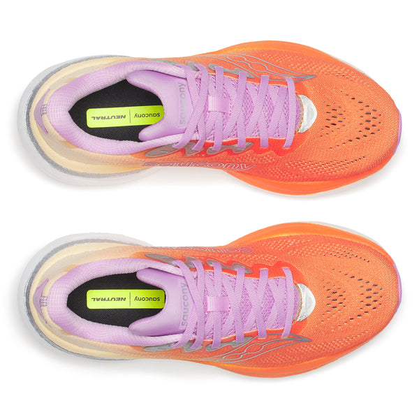 Et par Saucony Ride 19 Dame løbesko i Fire/Orchid set ovenfra, med orange mesh-overdel, pink snørebånd, lysegule sider, lavendelfarvet for og limegrønne indlægssåler mærket "SAUCONY" og "PWRRUN+" i sort.