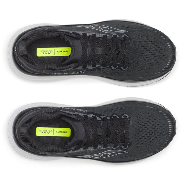 Et par Saucony Guide 19, Dame, Black/Silver løbesko set ovenfra, med hvide mellemsåler, sorte snørebånd, overdel i mesh og gule indlægssåler mærket MAX CUSHION for optimal støddæmpning og stabilitet.