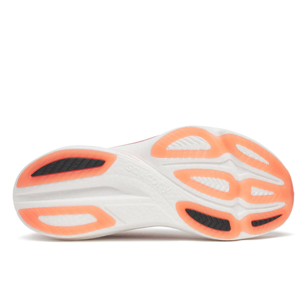 Billedet viser sålen på Sauconys Endorphin Azura løbesko i Mauve, Dame, med en hvid bund med orange accenter, sorte gummizoner og "SCHOCK" i midten, der fremhæver den avancerede PWRRUN PB-støddæmpning.