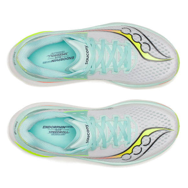 Saucony Endorphin Azura løbesko til damer i White/Splash med snørebånd - designet til komfort og performance.