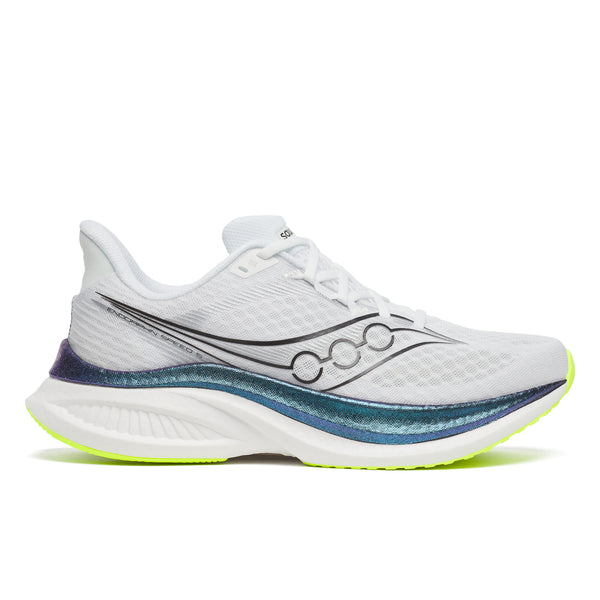 Saucony Endorphin Speed 5, White/Nightsky til herre, har en overdel i mesh, sort logo, blå-lilla gradientmellemsål og neongul ydersål - set fra siden.