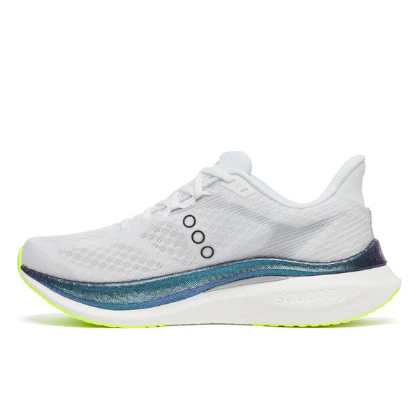 Saucony Endorphin Speed 5, White/Nightsky, Herre løbesko har en overdel i mesh, tre sorte sidecirkler, blågrøn mellemsål med gradient og lysegul ydersål i profilen. Har innovativ Speedroll-teknologi for forbedret præstation.