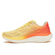 Saucony Ride 19, Herre, Sunrise er en gul og orange neutral løbesko med en hvid støddæmpende sål, åndbar mesh-overdel og Saucony-branding på siden, vist på en almindelig hvid baggrund.
