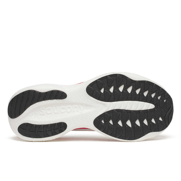 Billedet viser sålen på Saucony Ride 19 Herre i White/Crimson med en hvid mellemsål, sort gummiydersål med struktureret slidbane for godt greb og et præget Saucony-logo til venstre.