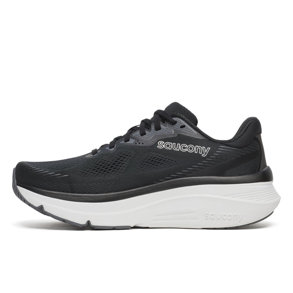 Saucony Guide 19, Herre, Black/Silver er en løbesko med overdel i mesh, hvid sål og logo på siden. Den giver høj støddæmpning og stabilitet og vises i profil på en almindelig hvid baggrund.