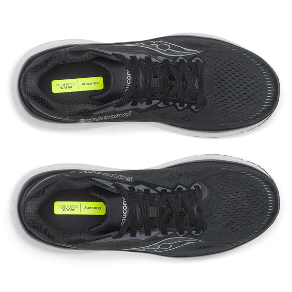 Et par Saucony Guide 19 Herre løbesko i sort/sølv set ovenfra, med overdel i mesh, hvide mellemsåler, sorte snørebånd og gule indlægssåler mærket AMX CUSHION for optimal støddæmpning og stabilitet.