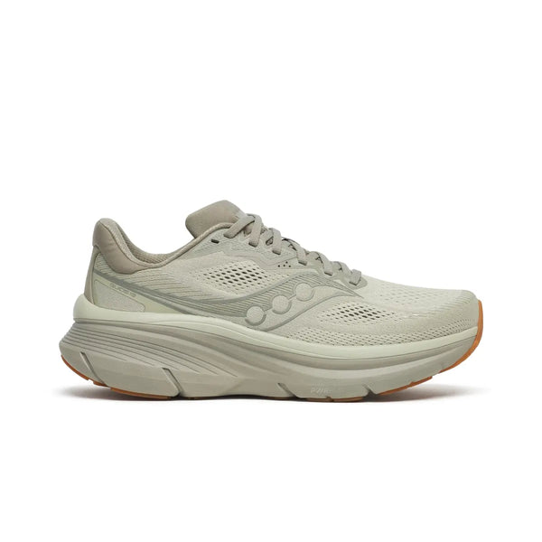Saucony Guide 19 Herre i Sage/Gum har en overdel i mesh, snørelukning, polstret mellemsål og ydersål i gummigummi, vist i sideprofil mod en hvid baggrund.