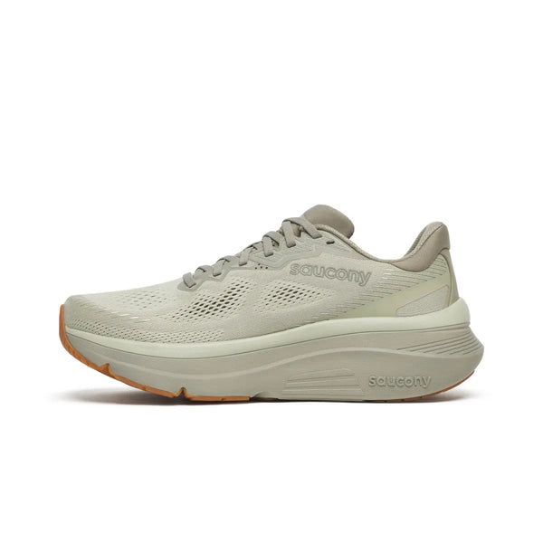 Et sidebillede af Saucony Guide 19 herre løbesko i Sage/Gum med overdel i mesh, snørelukning, tyk gummisål, diskret branding og en brun ydersål.