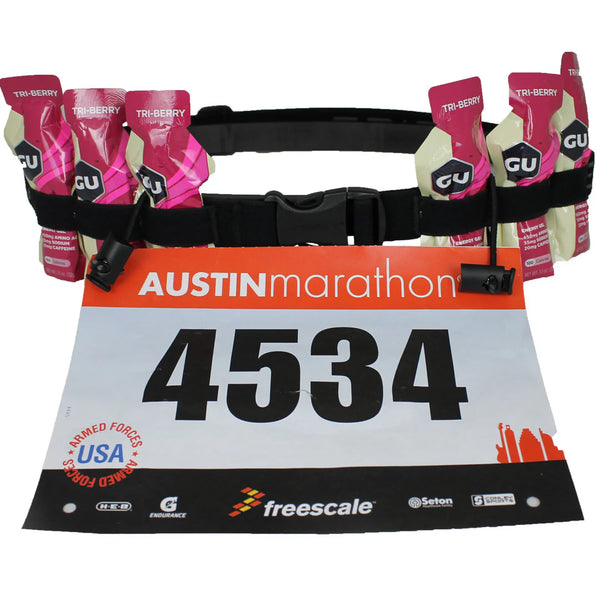 SPIbelt Race Nummer Energi Bælte, Unisex, Black holder sikkert seks lyserøde GU-energigeler og et startnummer med nummer 4534 til Austin Marathon - hvidt med orange og sorte detaljer - hvilket gør det ideelt til dine vigtigste ting på løbsdagen.