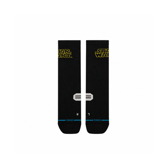 Stance SW Logo Light Crew-sokker i sort med gule Star Wars-logoer på manchetterne og L- og R-markeringer på fødderne.