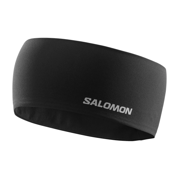 Sort Salomon Sense Aero-pandebånd med et sølvfarvet logo trykt på siden.