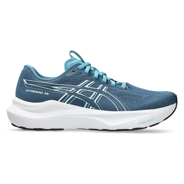 Asics GT-2000 14 Dame i Winter Sea/White har blå overdel med hvide og lyseblå detaljer, en hvid mellemsål, sort ydersål, synligt logo på siden og "GT-2000 14" markeret nær hælen for en signatur Dame-inspireret stil.