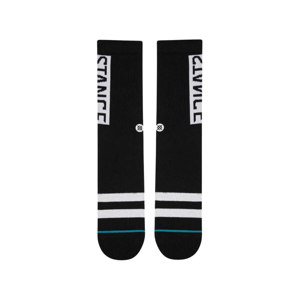 Et par sorte Stance OG UL Crew unisex-sokker med to hvide striber ved tæerne, fed STANCE på siden, et lille cirkulært logo og fugttransporterende materiale for optimal komfort.