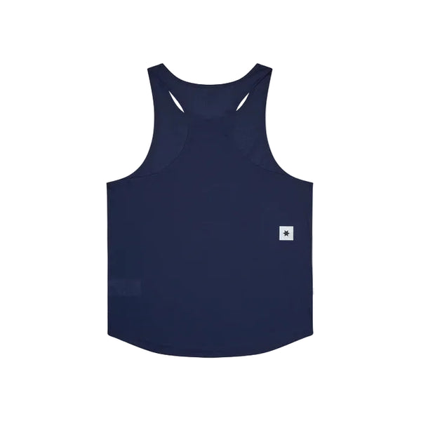 Saysky Statement Flow Singlet, Herre, Blue er vist på en almindelig hvid baggrund med en lille hvid lap og et stjernelogo nær sømmen - ideel som herre løbetøj.