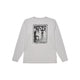 Statement Pace Long Sleeve, Herre, Grey fra Saysky er en lysegrå løbetrøje til mænd med et sort motiv på ryggen, der forestiller løbere i et løb, omgivet af tekst og Saysky-mærket nederst. Trøjen vises lagt fladt ud på en hvid baggrund.