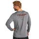 En blond mand har Saysky Statement Pace Long Sleeve, Herre, i gråt på sig sammen med sorte shorts. På ryggen af trøjen ses den markante tekst EVERYTHING EARNED, mindre tekst nedenunder og et lille logo nederst. Denne åndbare træningstrøje fra Saysky sikrer ham komfort, mens han kigger over sin venstre skulder.