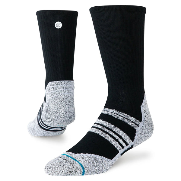 Stance Static Gripper Crew, unisex, sorte strømper med hvidt plettet hæl- og tåparti, ribkant og tynde hvide striber på fodbuen.