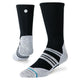 Stance Static Gripper Crew, unisex, sorte strømper med hvidt plettet hæl- og tåparti, ribkant og tynde hvide striber på fodbuen.
