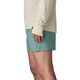 En person ses i profil iført en langærmet beige skjorte og Patagonia Strider Pro Shorts 5in, Herre, Blue Sage. Den almindelige hvide baggrund fremhæver kun underkroppen og overbenene for at vise disse tekniske løbeshorts.