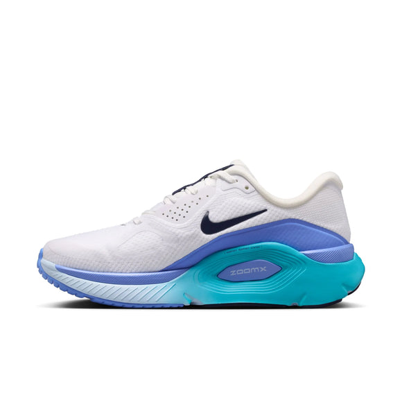 Nike Structure Plus Dame i White/Midnight Navy-Royal Pulse har overdel i mesh, mørkeblå swoosh, blå mellemsål, blågrøn hældetalje og ZoomX-støddæmpning for stabilitet og støtte - ideel til løbere med overpronation.
