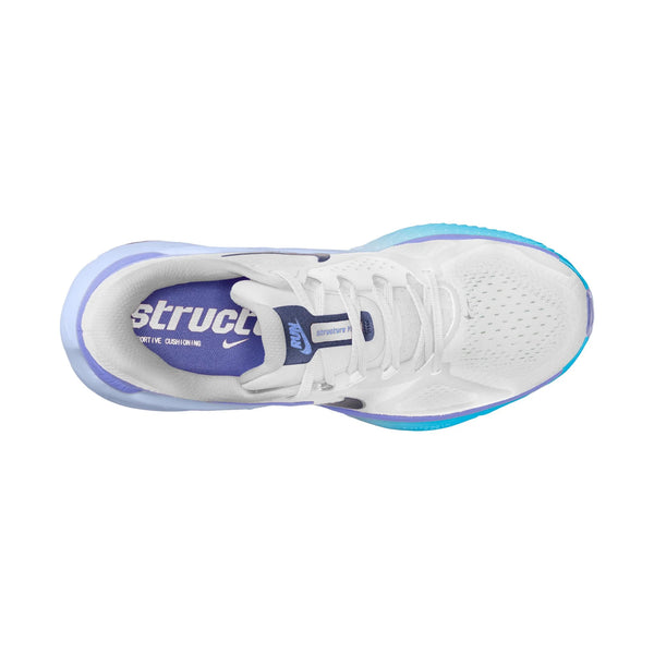 Topbillede af Nike Structure Plus Dame i White/Midnight Navy-Royal Pulse med snørebånd, en lilla "structure"-indlægssål og en blå-teal-gradientsål - designet til at modvirke overpronation for ekstra stabilitet og støtte på din løbetur.