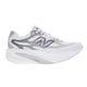En hvid New Balance Supercomp Rebel V1 løbesko til kvinder i farven Sea Salt med grå og sølvfarvede detaljer, en tyk, buet sål og et markant N-logo på siden. Denne lette og responsiv model sikrer enestående komfort og ydeevne ved hver eneste løbetur.