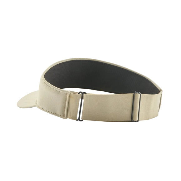 Et kig bagud på Patagonia Terrebonne Visor i River Rock Green (unisex) afslører en beige justerbar strop med metalskyder, en del af randen og indvendig foring - en kombination af komfort og solbeskyttelse.