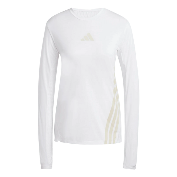 Hvid Adidas Terrex Xperior Climacool+ langærmet sportstrøje med rund halsudskæring, logo på brystet og tre diagonale striber nær nederkanten.
