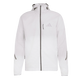 Et billede set forfra af Adidas Terrex Xperior Light Windweave-jakken til mænd i sort/hvid, med hætte og lynlås samt en lomme på venstre bryst og diskrete mørke detaljer på ærmerne og lommen. Adidas-logoet er tydeligt placeret på venstre bryst, hvilket gør denne jakke til en ideel vindjakke for trail-løbsentusiaster.